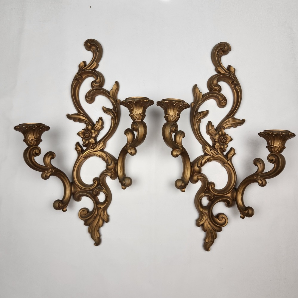 Vintage Pair Syroco 3930 Gold Wall Decor Sconces Double Candle Holders Plastic
